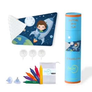 Rocket Ship Bath Mat with crayons